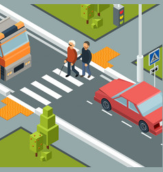 Boy helping senior woman crossing street Vector Image