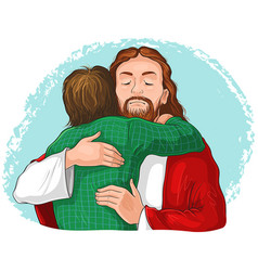 Laughing jesus holds happy child cartoon christian