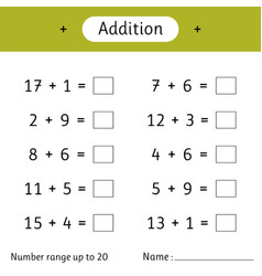 Addition number range up to 20 math worksheet Vector Image