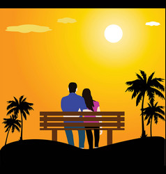 Sunset couple sitting on bench silhoutes Vector Image