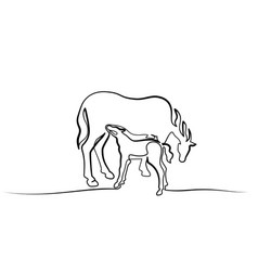 One line drawing horse feeds small foal Royalty Free Vector