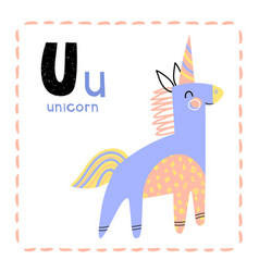 Cartoons alphabet - letter u with funny unicorn Vector Image