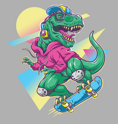 Cheerful tyrannosaur rides on skateboard Vector Image