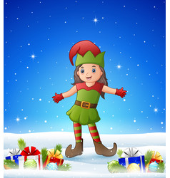 Cartoon kids wearing elf costume in the winter bac