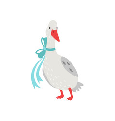 Cute white goose cartoon character with bow on its vector