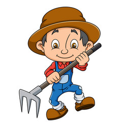 Cartoon young farmer holding rake Royalty Free Vector Image