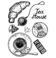 Ink hand drawn sketch style tea set Royalty Free Vector