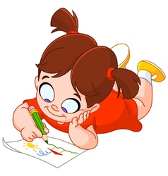 Little Girl Drawing A Picture With Pencils Vector Image