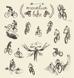 Cyclists riding mountain hand drawn bike Vector Image