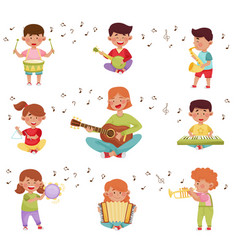 Happy kids playing different musical instruments Vector Image