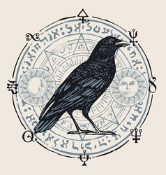 Banner with hand-drawn raven and magical symbols Vector Image