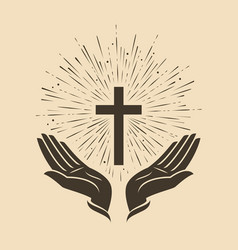 Church logo cross and hands christian symbol Vector Image