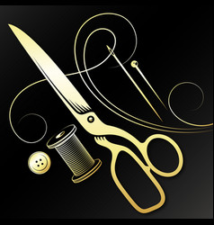 Needle scissors and thread gold symbol for sewing Vector Image