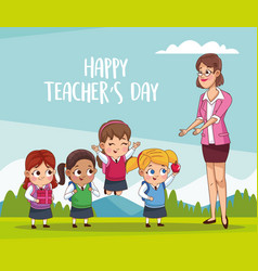 Happy teachers day card with students and book Vector Image