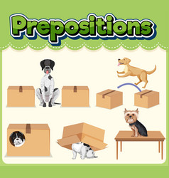 Preposition wordcard with dog and box Royalty Free Vector