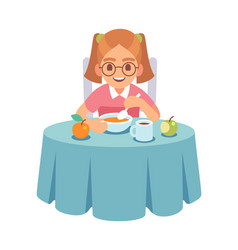 Cute girl eating hungry toddler sits Royalty Free Vector