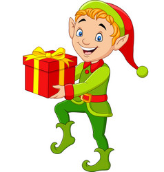 Happy green elf boy holding gifts Royalty Free Vector Image