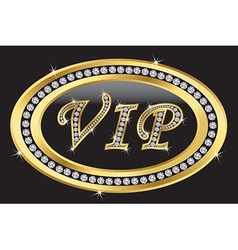 Vip golden label with diamonds and gold ribbon Vector Image