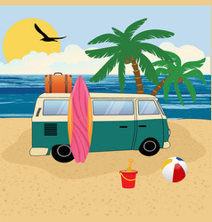 Vintage retro surf van with palms and sun Vector Image