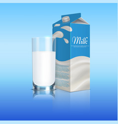 Realistic clear white glass milk with package Vector Image