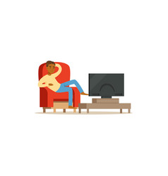 Young man sitting on armchair watching tv bad Vector Image