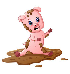 Cartoon pig play in a mud puddle Royalty Free Vector Image