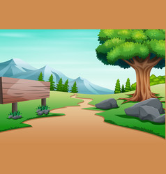 Cartoon summer landscape with road trail to forest