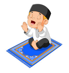 Muslim girl sitting on prayer rug while prayin Vector Image