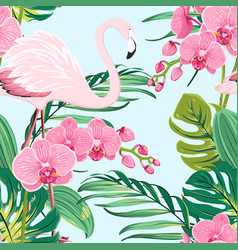 Pink flamingo birds green monstera leaves pattern Vector Image