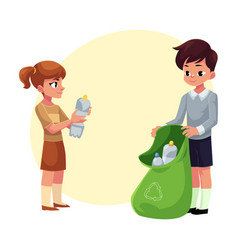 Kids children throw plastic bottles in trash Vector Image