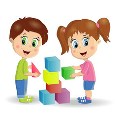 Multiracial children build tower with blocks kids Vector Image