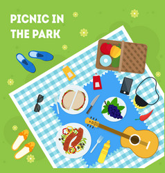 Cartoon summer picnic in park basket card Vector Image