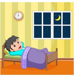 Sleeping boy in bed with a kitten Royalty Free Vector Image