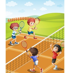 Three children playing basketball at the court Vector Image