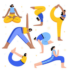 Cartoon woman yoga poses icons set Royalty Free Vector Image