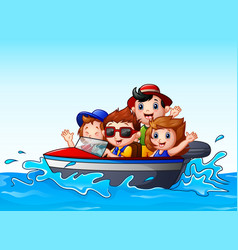 Kids playing boat around water on seashore Vector Image