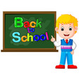 happy schoolchildren with green banner blackboard vector image