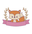 Cute fox with ribbon and branches leafs Royalty Free Vector