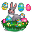 plush bunny lies on grass mat with easter eggs vector image