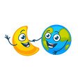 earth and golden moon with happy faces hold hands vector image