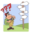 traveler is confused by road sign 2 vector image