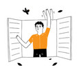 a young man is waving at the window vector image vector image