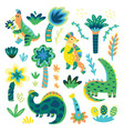 collection of lovely cartoon dinosaurs leaves vector image vector image