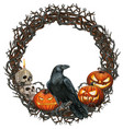 watercolor halloween wreath with crow skulls vector image vector image