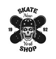 skull and two crossed skateboards emblem vector image vector image