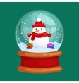 christmas snowman holding present in globe glass vector image