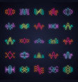 sound and audio waves neon light icons set vector image