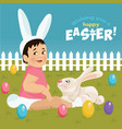 child on grass with easter eggs and rabbit behind vector image