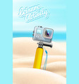 realistic action camera on beach sand background vector image vector image