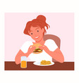 woman eating burger and french fries at table vector image vector image